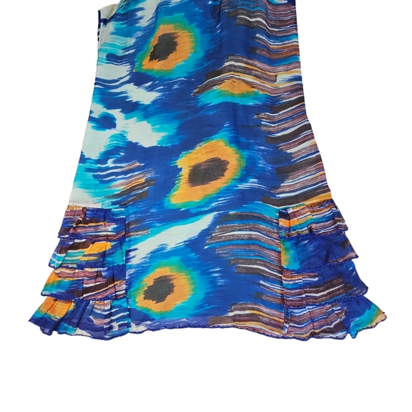 FREE PEOPLE Silk Beads Rhinestones Ruffles Blue & Orange Watercolor Halter Dress - Picture 10 of 16